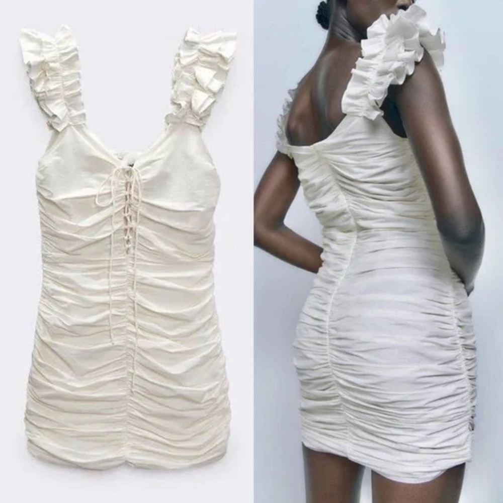 NWOT!! ZARA DRAPED LINEN BLEND ECRU CREAM RUFFLE MINI DRESS. - Picture 3 of 10